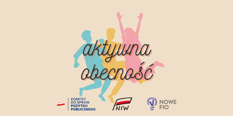Młodzież w kolorowych sylwetkach skacze z radości – grafika projektu „Aktywna Obecność” Fundacji EduKABE.