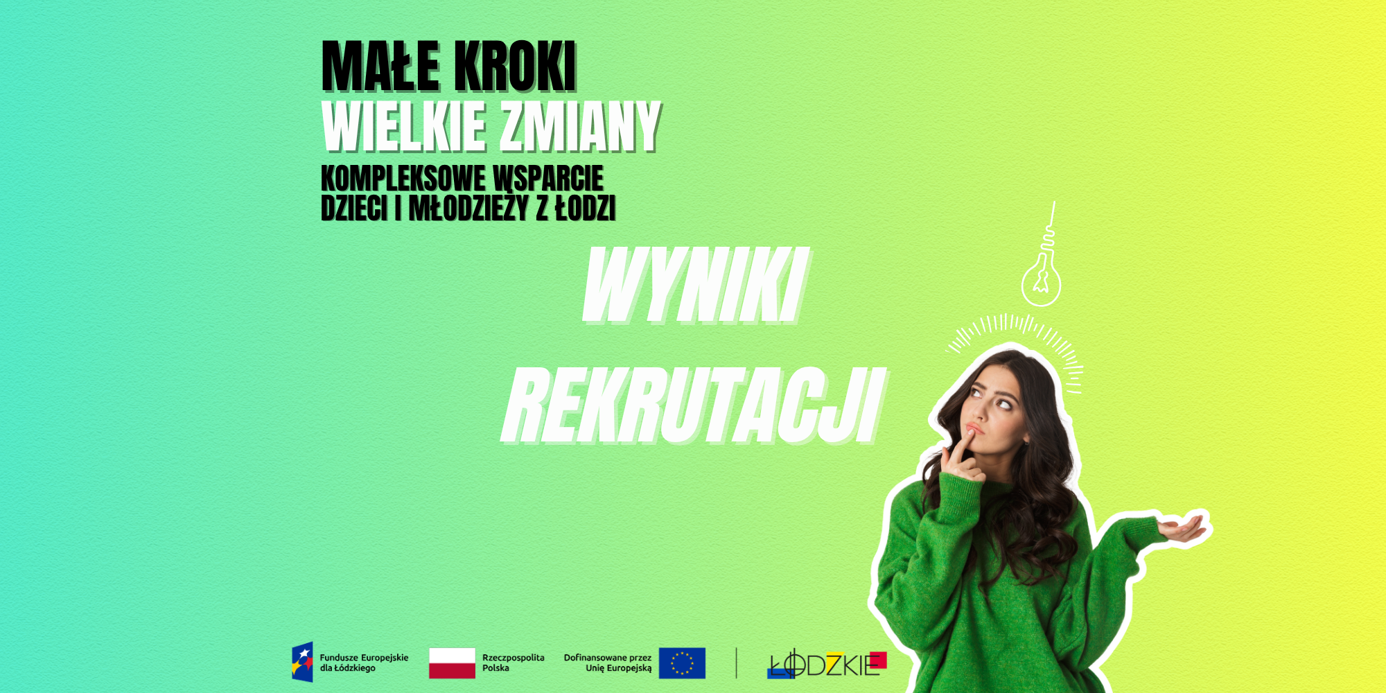 Grafika informująca o wynikach rekrutacji do projektu „Małe Kroki, Wielkie Zmiany – Kompleksowe Wsparcie Dzieci i Młodzieży z Łodzi”