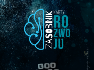 Pudełko kart metaforycznych Zasobnik Rozwoju — okładka z grafiką mózgu na granatowym tle, logo Fundacji EduKABE