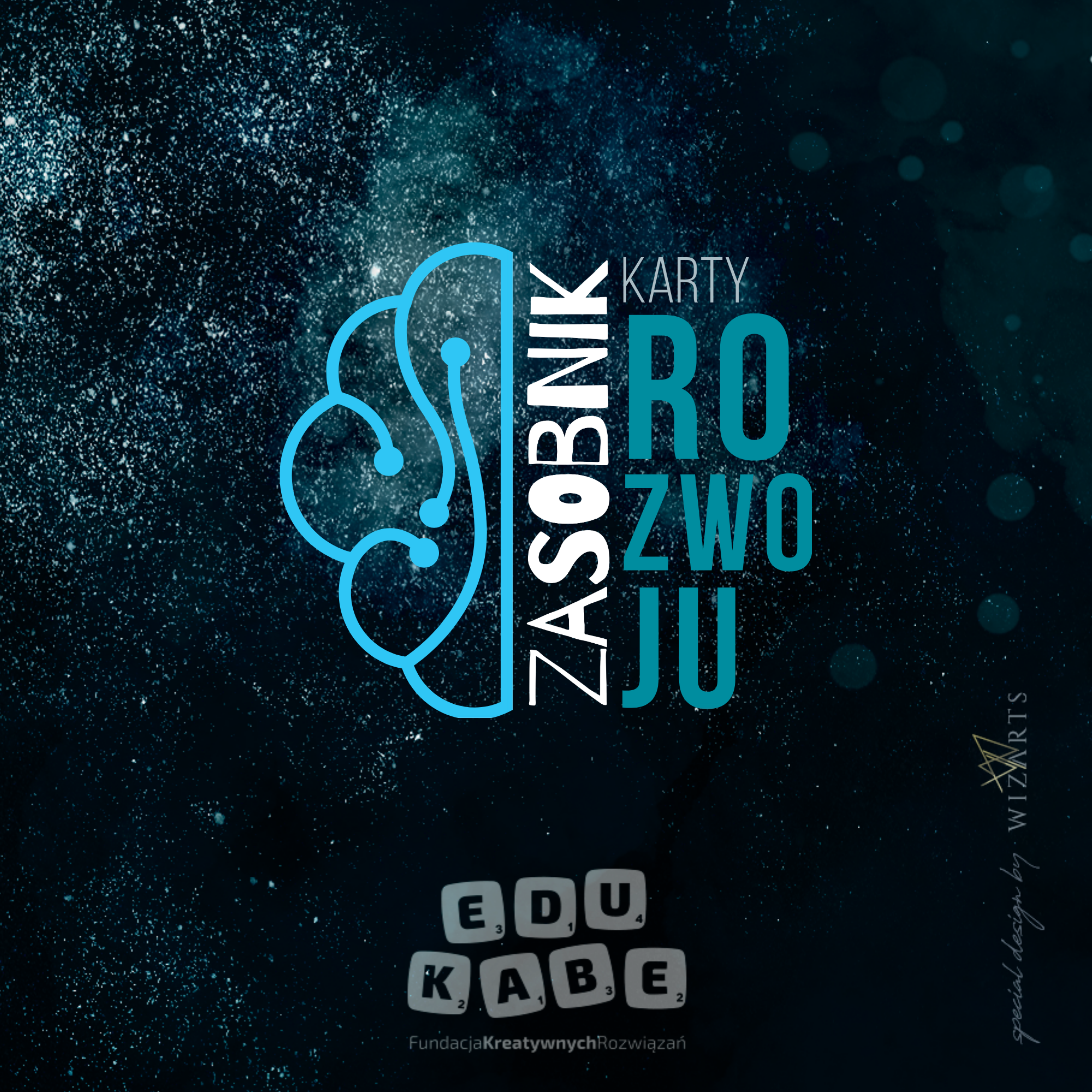 Pudełko kart metaforycznych Zasobnik Rozwoju — okładka z grafiką mózgu na granatowym tle, logo Fundacji EduKABE