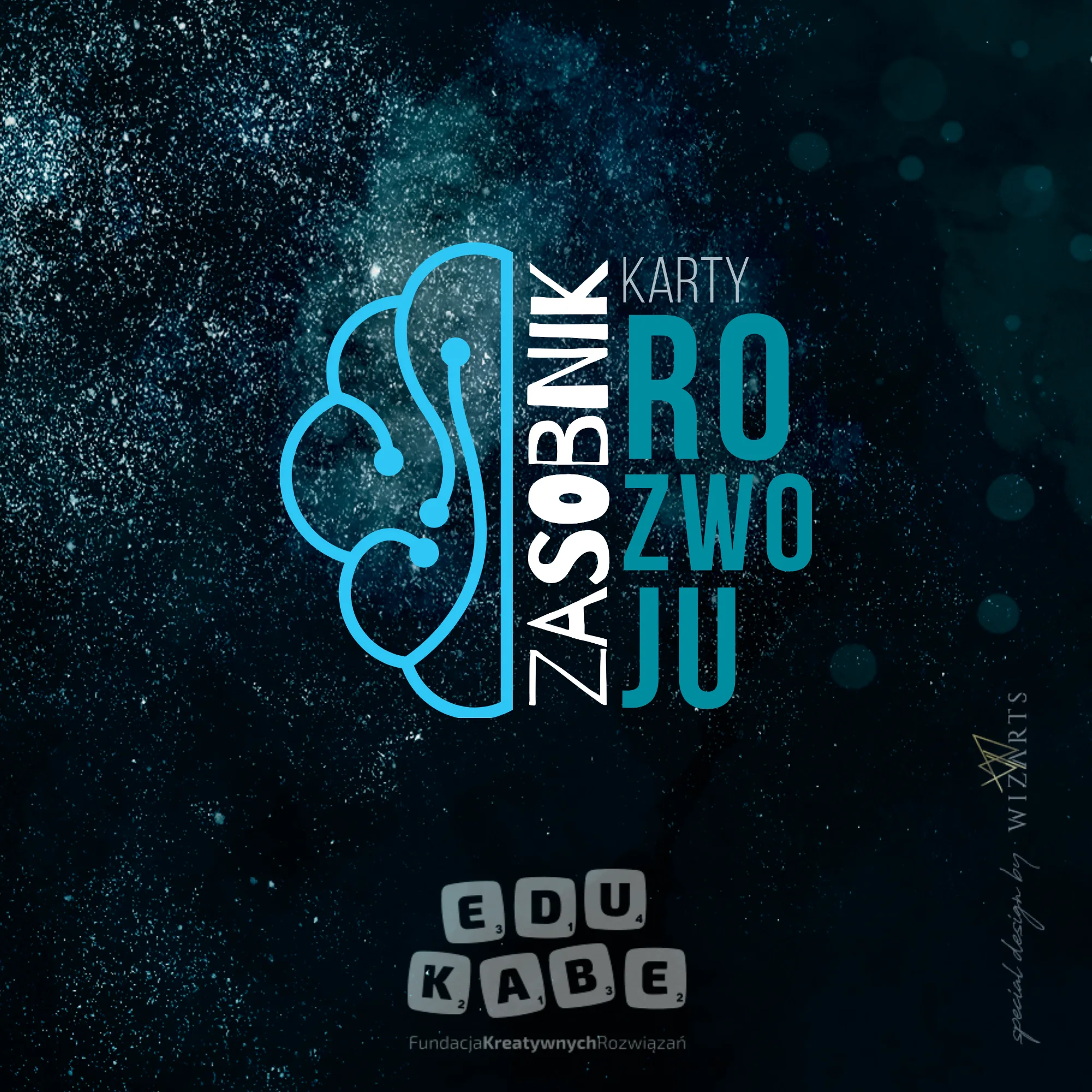 Pudełko kart metaforycznych Zasobnik Rozwoju — okładka z grafiką mózgu na granatowym tle, logo Fundacji EduKABE